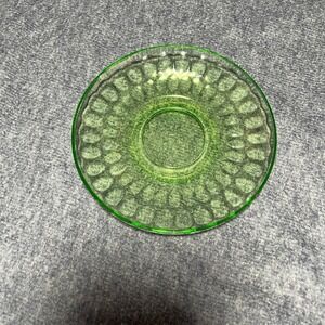 Vintage Green Uranium Glass Saucer Thumbprint Pattern Vaseline Glow Glass 5.5"